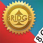 Zlatý emblém s nápisom Bridge vedľa rozložených kariet rôznych hodnôt a farieb