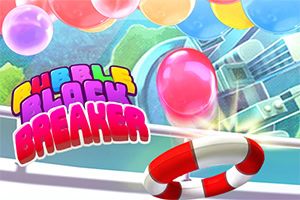 Farebný grafický dizajn s názvom Bubble Block Breaker, farebnými balónmi a záchranným kruhom