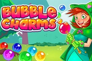 Farebná kreslená postava s červenými vlasmi a zeleným plášťom drží farebnú bublinu, obklopená farebnými bublinami a názvom Bubble Charms