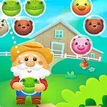 Starý farmár drží bublinu so žabou na farebnej farme s ostatnými bublinami vo vzduchu obsahujúcimi rôzne zvieratká