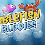 Farebné kreslené ryby a krab s bublinkami na modrom podklade s textom Bubblefish Buddies