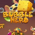 Dva kreslené myši s veľkým syrom a nápisom Bubble Hero obklopené modrými bublinami