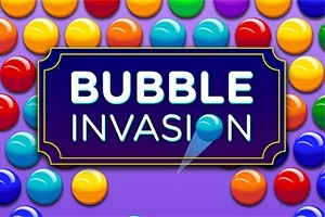 Farebné bubliny na fialovom pozadí s nápisom Bubble Invasion v strede