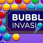 Farebné bubliny na fialovom pozadí s nápisom Bubble Invasion v strede