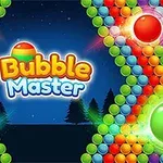 Farebná grafika s názvom Bubble Master obklopená radami farebných bublín na modrom pozadí s tmavými stromami