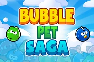 Farebný nápis Bubble Pet Saga s veselými bublinkami v modrom prostredí s oblakmi