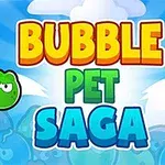 Farebný nápis Bubble Pet Saga s veselými bublinkami v modrom prostredí s oblakmi
