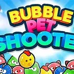 Farebné bubliny s tvárami zvierat a nápisom Bubble Pet Shooter na modrom pozadí s oblakmi