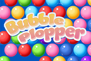 Farebné bubliny usporiadané na modrom pozadí s nápisom Bubble Plopper v strede