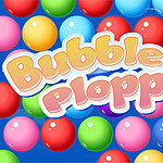 Farebné bubliny usporiadané na modrom pozadí s nápisom Bubble Plopper v strede