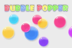 Farebné bubliny rôznych veľkostí na bielom pozadí s názvom Bubble Popper v pestrofarebnom písme