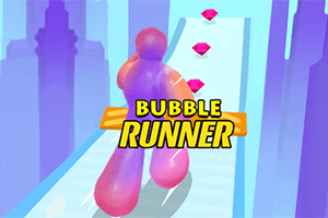 Farebná postavička beží po ceste so šperkami a nápisom Bubble Runner v strede