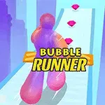 Farebná postavička beží po ceste so šperkami a nápisom Bubble Runner v strede