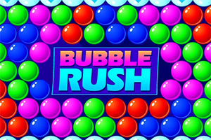 Farebné lesklé bubliny obklopujú modrý panel s nápisom BUBBLE RUSH