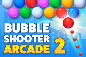 Farebné guličky usporiadané v radoch na modrom pozadí s nápisom Bubble Shooter Arcade 2