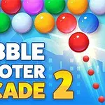Farebné guličky usporiadané v radoch na modrom pozadí s nápisom Bubble Shooter Arcade 2