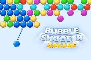 Farebná mozaika bublín s nápisom Bubble Shooter Arcade na svetlom pozadí