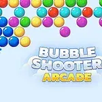 Farebná mozaika bublín s nápisom Bubble Shooter Arcade na svetlom pozadí