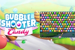 Farebná krajina s cukrovinkami a bublinkami spolu s nápisom Bubble Shooter Candy