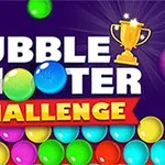 Farebná grafika s bublinkami, textom Bubble Shooter Challenge a trofejou na fialovom pozadí
