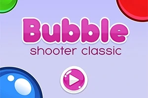 Ružový text „Bubble shooter classic“ na fialovom pozadí s farebnými guľami a tlačidlom prehrávania