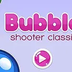 Ružový text „Bubble shooter classic“ na fialovom pozadí s farebnými guľami a tlačidlom prehrávania