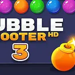 Viacfarebné bubliny, nápis Bubble Shooter HD 3 a oranžová bomba s iskrou na tmavomodrom pozadí