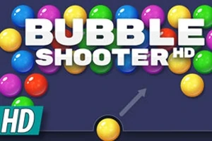 Farebné bubliny v rôznych odtieňoch so slovom BUBBLE SHOOTER HD v strede na tmavomodrom pozadí