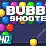 Farebné bubliny v rôznych odtieňoch so slovom BUBBLE SHOOTER HD v strede na tmavomodrom pozadí