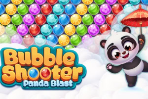 Farebná koláž bublín so šťastnou pandou držiacou dáždnik, s nápisom Bubble Shooter Panda Blast