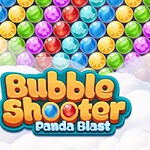 Farebná koláž bublín so šťastnou pandou držiacou dáždnik, s nápisom Bubble Shooter Panda Blast