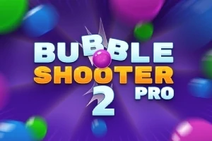 Farebná grafika s názvom Bubble Shooter 2 Pro na fialovom pozadí s farebnými bublinami