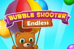 Medvedík s farebnými balónikmi na modrom pozadí a nápisom Bubble Shooter Endless