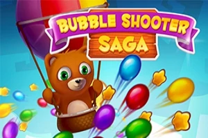 Hnedý medvedík v balóne obklopený farebnými bublinami a hviezdičkami na modrom pozadí s nápisom Bubble Shooter Saga