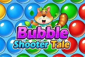 Farebný obrázok s bublinami a kresleným zvieratkom obklopeným listami, s nápisom Bubble Shooter Tale