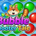 Farebný obrázok s bublinami a kresleným zvieratkom obklopeným listami, s nápisom Bubble Shooter Tale