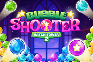 Bubble Shooter Witch Tower 2 Farebné bubliny s nápisom Bubble Shooter Witch Tower 2 v strede obrázka
