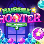 Bubble Shooter Witch Tower 2 Farebné bubliny s nápisom Bubble Shooter Witch Tower 2 v strede obrázka