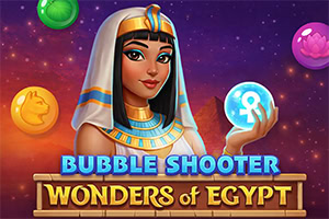 Ilustrácia egyptskej kráľovnej s pokrývkou hlavy a žiariacou modrou guľou v ruke na pozadí vesmíru s farebnými bublinami a nápisom „BUBBLE SHOOTER WONDERS OF EGYPT