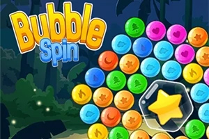 Farebné bubliny usporiadané v kruhu s hviezdou v strede a textom Bubble Spin v pozadí