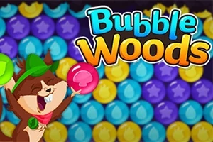 Usmievajúca sa postavička zvieraťa držiaca bubliny v rukách pred farebným pozadím bubliniek s názvom Bubble Woods
