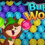 Usmievajúca sa postavička zvieraťa držiaca bubliny v rukách pred farebným pozadím bubliniek s názvom Bubble Woods