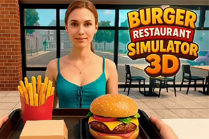Mladá žena v reštaurácii drží podnos s hamburgerom a hranolkami, v pozadí je veľký nápis Burger Restaurant Simulator 3D