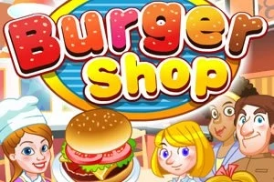 Kreslený obrázok s nápisom Burger Shop s postavami kuchára a zákazníkov, doplnený ilustráciou hamburgeru