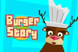 Kreslený sob s kuchárskou čiapkou vedľa nápisu „Burger Story“ na modrom pozadí