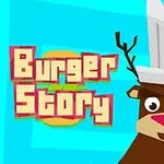 Kreslený sob s kuchárskou čiapkou vedľa nápisu „Burger Story“ na modrom pozadí