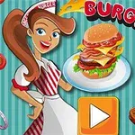 Žena v retro uniforme s táckou so sendvičom a textom BURGER TIME na pruhovanom pozadí, obklopená ingredienciami rôznych jedál