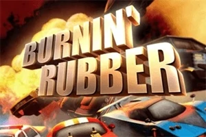 Nadpis Burnin Rubber s veľkými písmenami pred plameňmi a športovými autami v pozadí