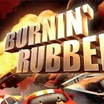 Nadpis Burnin Rubber s veľkými písmenami pred plameňmi a športovými autami v pozadí