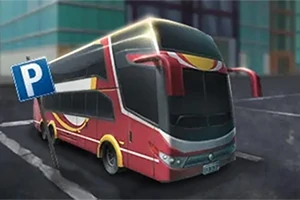 Červený dvojposchodový autobus parkuje v mestskom prostredí vedľa značenia s parkovacou tabuľou